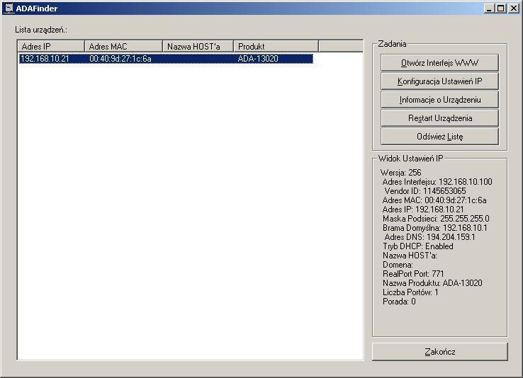 5.1.2. KONFIGURACJA USTAWIEŃ SIECIOWYCH Program ADAFinder służy do wstępnej konfiguracji ustawień sieciowych konwertera.
