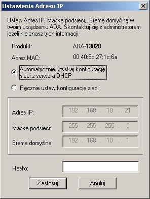Rys 15. Ustawienia adresu IP sieci programem ADAFinder 5.2.