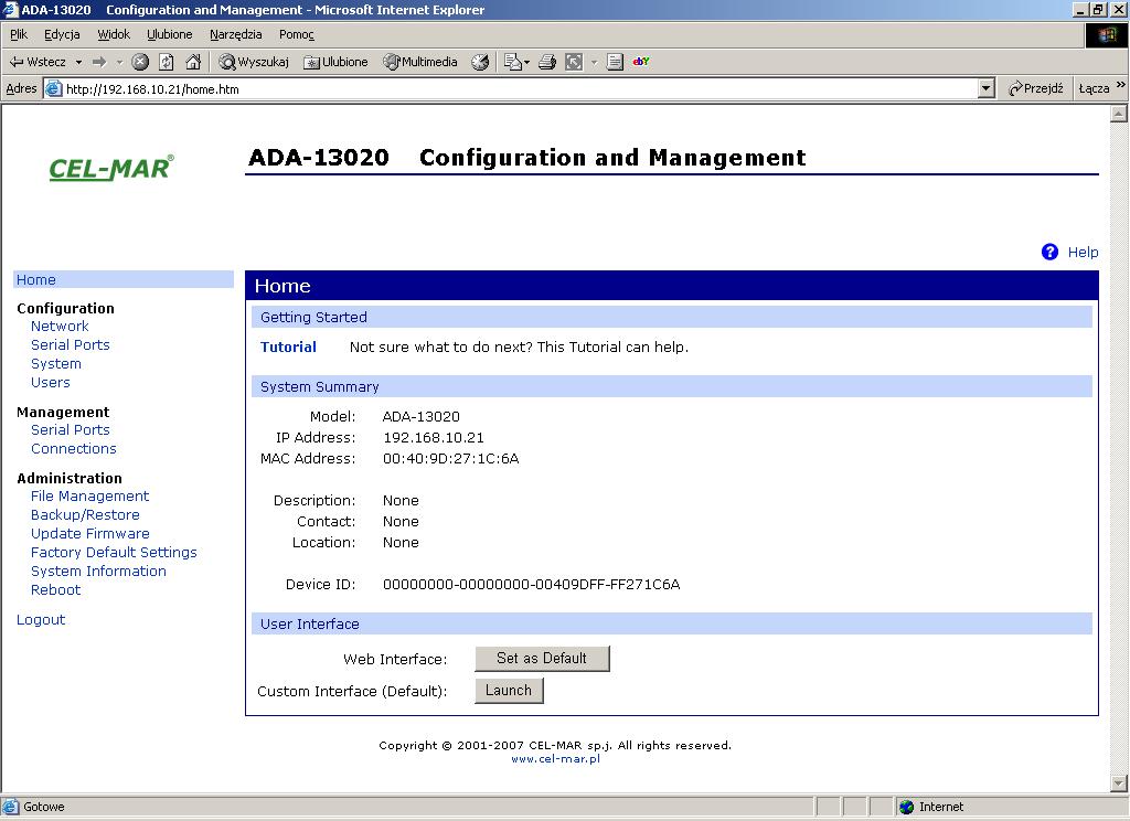 Rys 16. Strona do zarządzania i konfiguracji konwertera ADA-13021 5.2.1. KONFIGURACJA USTAWIEŃ SIECIOWYCH W celu zmiany ustawień sieciowych konwertera ADA-13021 należy z menu Configuration wybrać Network na stronie Network (Rys.
