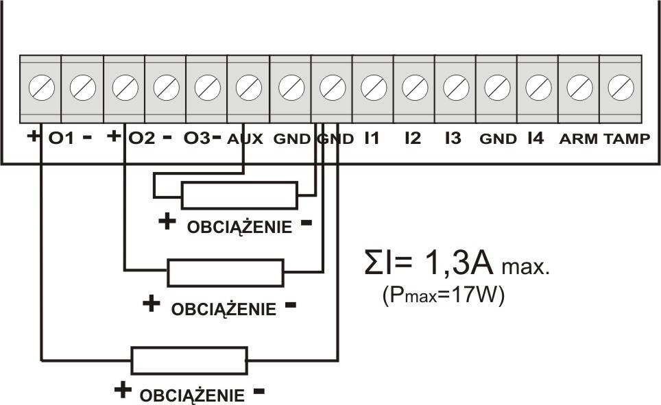 Rys.7. Przykładowe podłączenie wyjść O1, O2 jako wyjść zasilania. (dla urządzeń o poborze prądu max. 1A). Rys.8. Przykładowe podłączenie wyjść OC: O4, O5, O6 jako dodatkowa sygnalizacja optyczna (np.