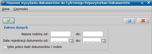 Zaznaczenie opcji tylko policz ilość dokumentów i rodzin oznacza, że po akceptacji okna definiowania parametrów masowego zasilenia rozpocznie się proces zliczania danych (dokumentów oraz rodzin -