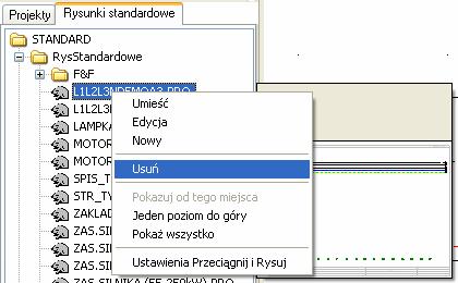 Rysunki standardowe i funkcje ich obsługi Usuwanie rysunków standardowych W menu kontekstowym (po kliknięciu prawym przyciskiem myszki) dodano opcję Usuń.