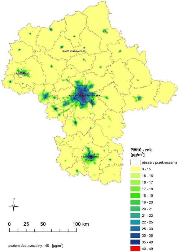 Mapa 5 Rozkład stężenia rocznego pyłu zawieszonego PM10 na terenie województwa mazowieckiego w 2014 roku Gmina Chynów Źródło: Roczna ocena jakości