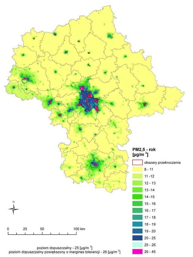 Mapa 6 Rozkład stężeń pyłu zawieszonego PM2,5 stężenia roczne na terenie województwa mazowieckiego w 2014 roku Gmina Chynów Źródło: Roczna ocena jakości powietrza w województwie mazowieckim.
