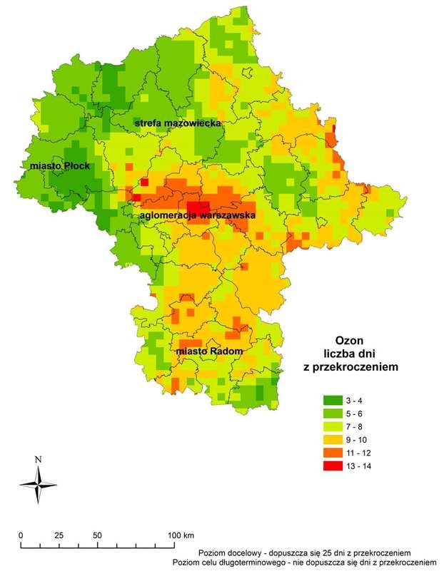 Mapa 7 Klasyfikacja stref pod względem kryterium ochrony zdrowia dla ozonu cel długoterminowy na terenie województwa mazowieckiego w 2014 roku Gmina Chynów Źródło: Roczna ocena jakości powietrza w