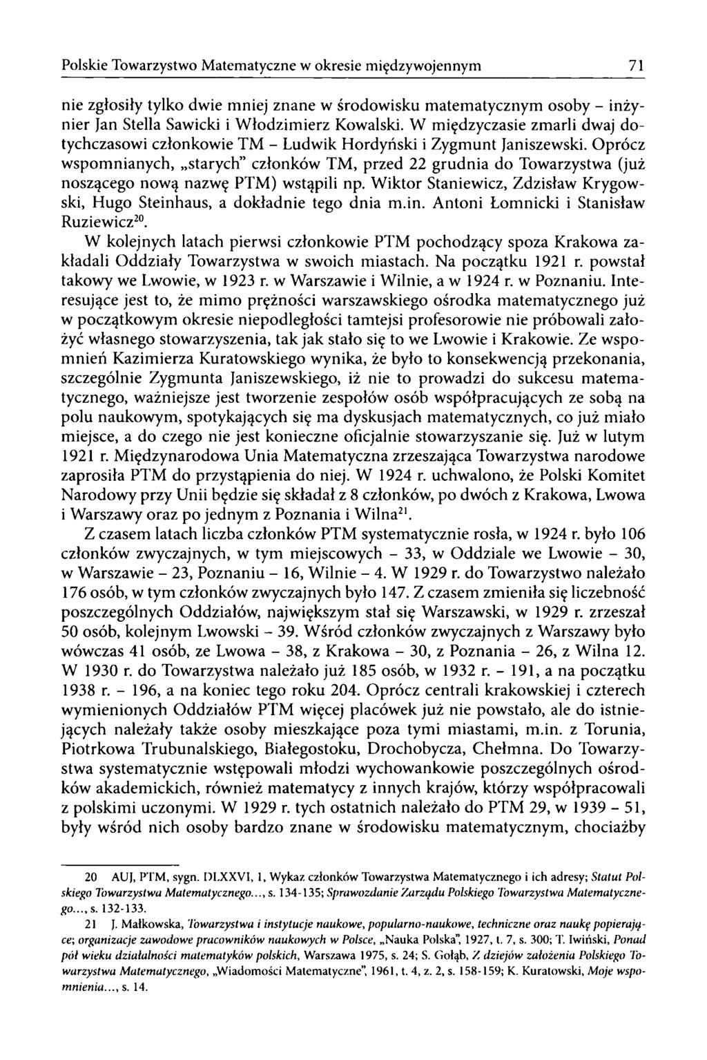 Polskie Towarzystwo Matematyczne w okresie międzywojennym 71 nie zgłosiły tylko dwie mniej znane w środowisku matematycznym osoby - inżynier Jan Stella Sawicki i Włodzimierz Kowalski.