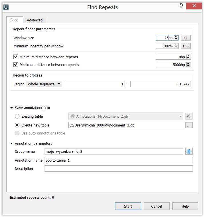 3. Wyszukiwanie powtarzających się wzorców w sekwencji Wybierz menu Actions->Analyze->Find Repeats.