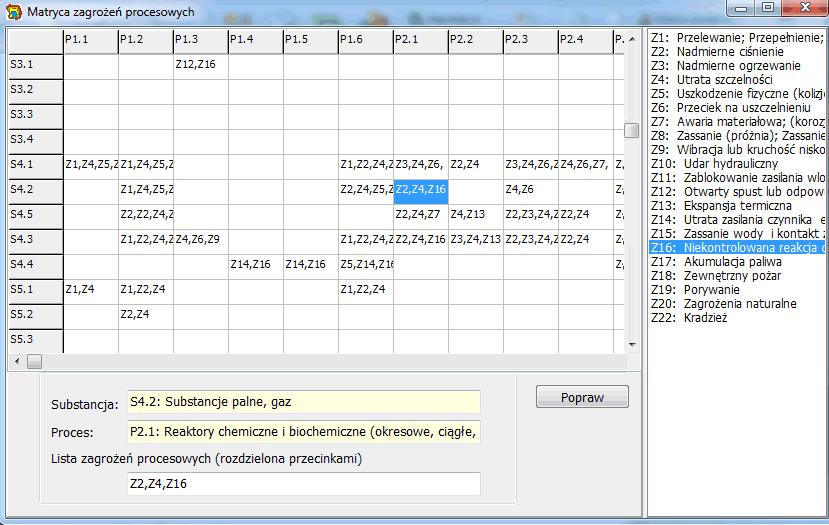 Program DaneExSysAWZ Edycja matrycy zagrożeń procesowych A.S. Markowski, M.