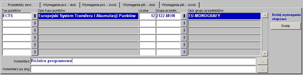 Rys. 12 Decyzje zakładka Wymagania punktowe dodatkowe W obu przypadkach powinno się w komentarzu jak najdokładniej uzasadnić umieszczenie w decyzji określonego wymagania.