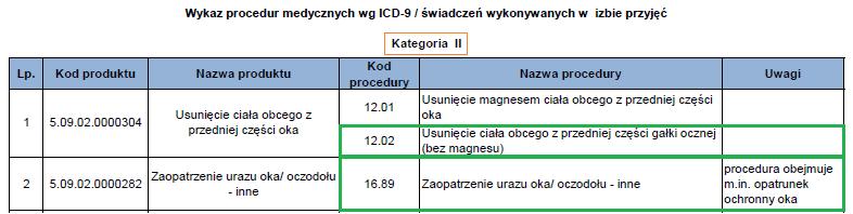 Rys. 5 Wykaz procedur medycznych wg ICD-9/świadczeń wykonywanych w izbie przyjęć Źródło: