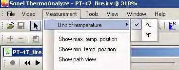 Menu "Measurement" - command "Unit of temperature" Allows for selecting the unit for displaying temperature (Celsius or Fahrenheit degrees): Menu "Measurement" - commands "Show max. temp. position" and "Show min.