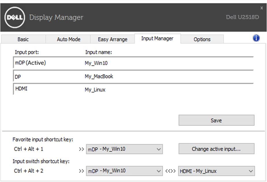Praca z wieloma źródłami sygnału wideo Karta Input Manager (Menedżer wejść) zawiera wygodne narzędzia do przełączania kilku źródeł sygnału podłączonych do monitora Dell.