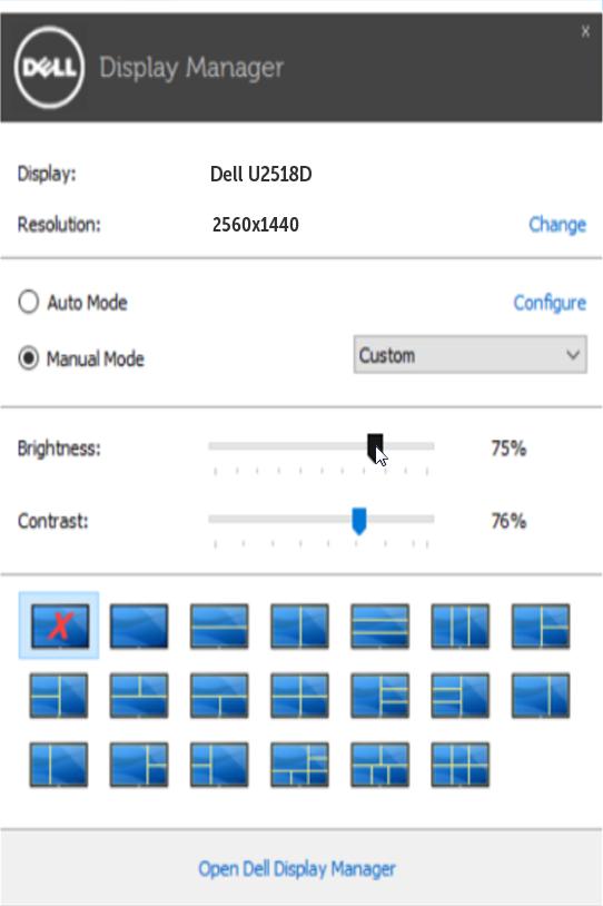 Korzystanie z okna dialogowego szybkich ustawień Kliknięcie ikony Dell Display Manager na pasku powiadomień spowoduje otwarcie okna dialogowego szybkich ustawień.