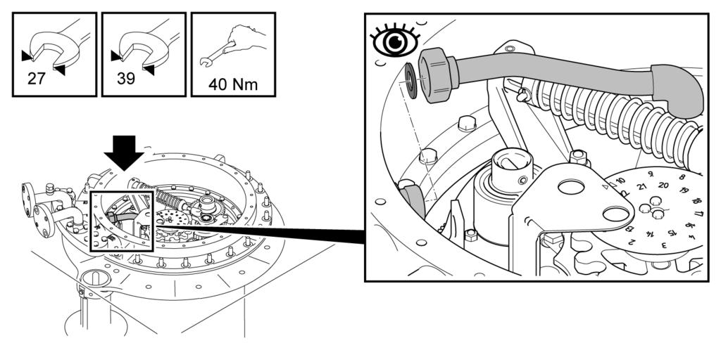 6 Montaż: konstrukcja z kadzią dzwonową 3. W wersji z przewodem odsysania oleju przyłączyć przewód odsysania oleju. Zwracać uwagę na uszczelnienie. Rysunek 51: Przewód odsysania oleju 4.
