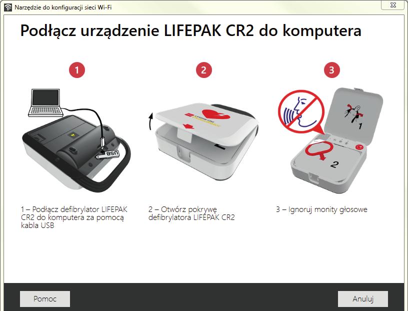 Należy uruchomić Narzędzie do konfiguracji sieci Wi-Fi i postępować zgodnie z instrukcjami wyświetlanymi na ekranie. Na tym etapie następuje wczytywanie ustawień sieci Wi-Fi w defibrylatorze AED. 3a.