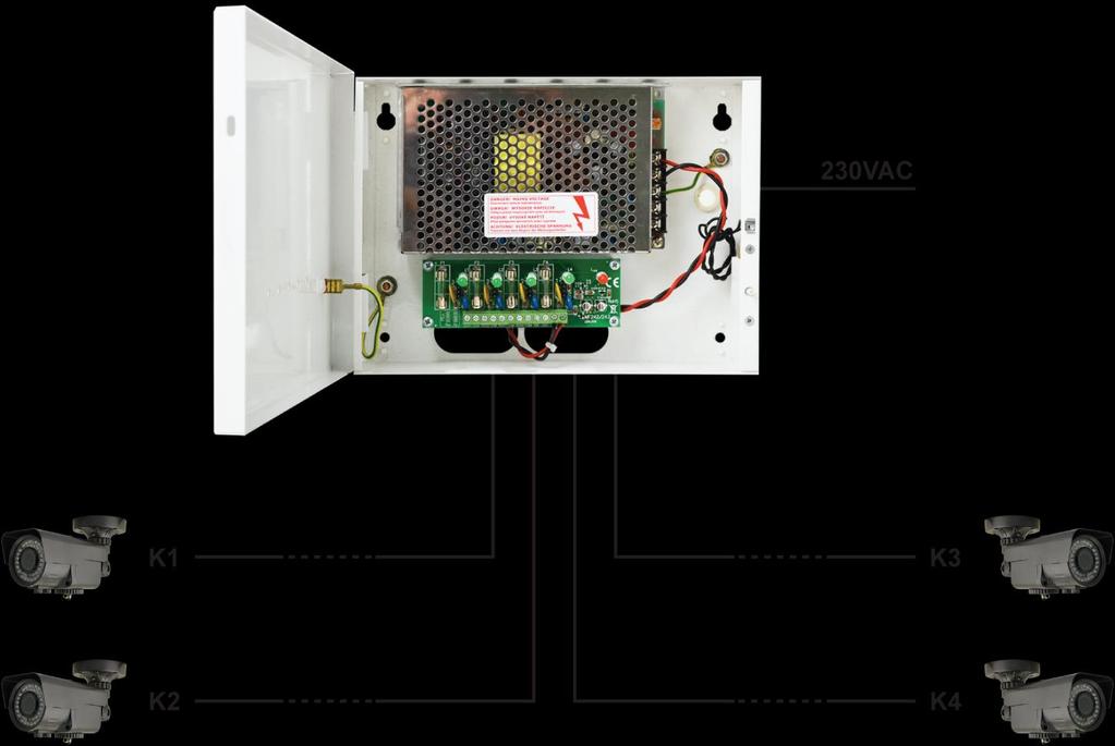 Cechy zasilacza: wyjście zasilania 4 x 1A/12V DC do kamer analogowych regulacja napięcia wyjściowego 12V 15V DC 4 wyjścia zabezpieczone bezpiecznikami 1A możliwość wyboru bezpiecznika za pomocą