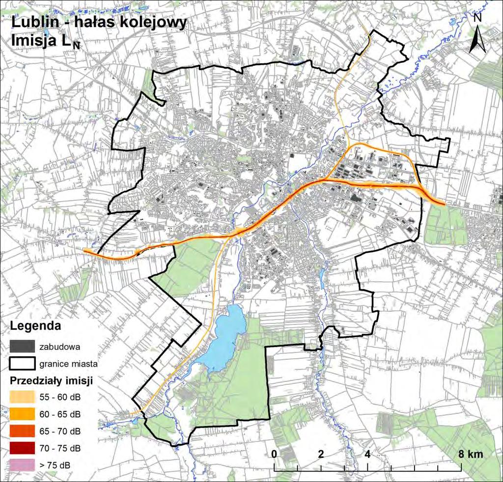 Mapa 6. Hałas kolejowy w Lublinie, mapa imisyjna L N, 2017 r. 4.1.3. Hałas przemysłowy Z porównania danych dwóch edycji map akustycznych Lublina: z 2012 i 2017 roku, wynika, że w 2017 r.