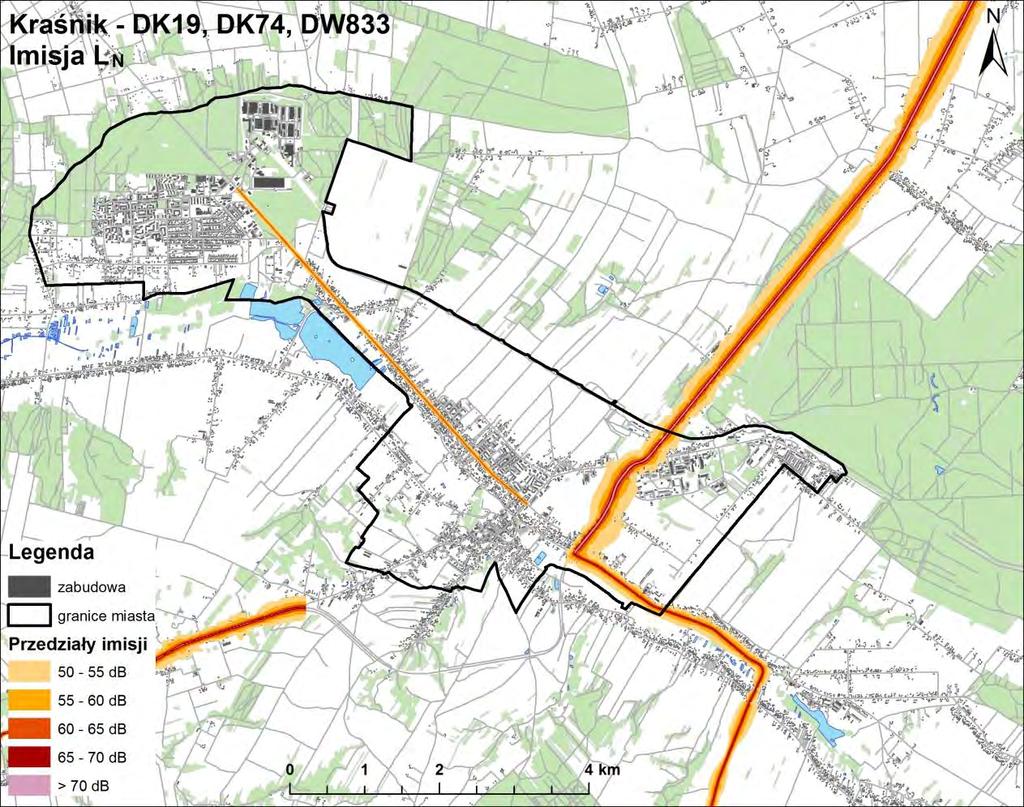 Mapa 13. Mapa imisyjna L DWN odcinków DK 19, DK 74, DW 833 przebiegających przez Kraśnik Mapa 14.