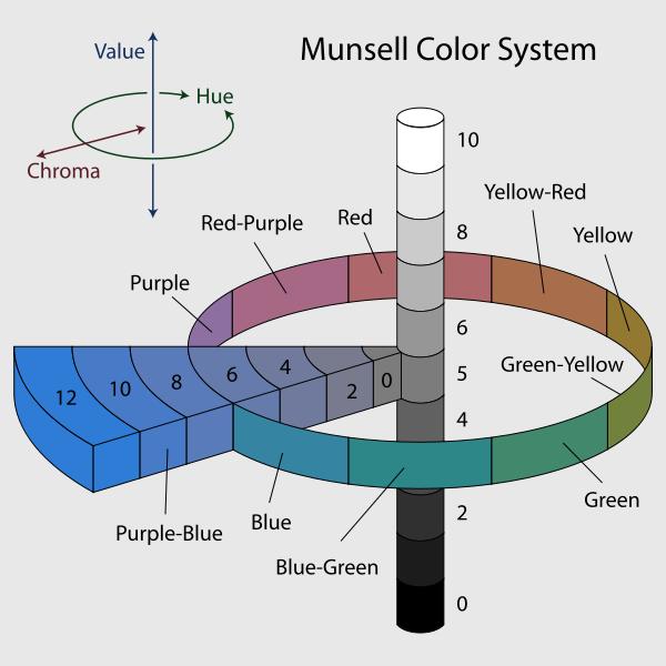 Purpura, niebieska, zielona, żółta i czerwona to podstawowe barwy przestrzeni Munsella.