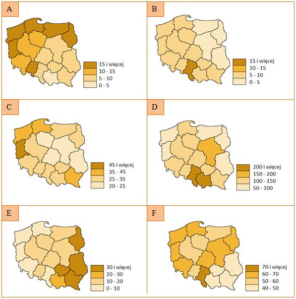Zadanie 33. /0-2p./ Tytułom kartogramów przyporządkuj ich symbole. Lp. Tytuł kartogramu Symbol literowy 1. Gęstość zaludnienia w Polsce w 2015 roku (osoby/km 2 ) 2. % ludności miejskiej w 2015 roku 3.