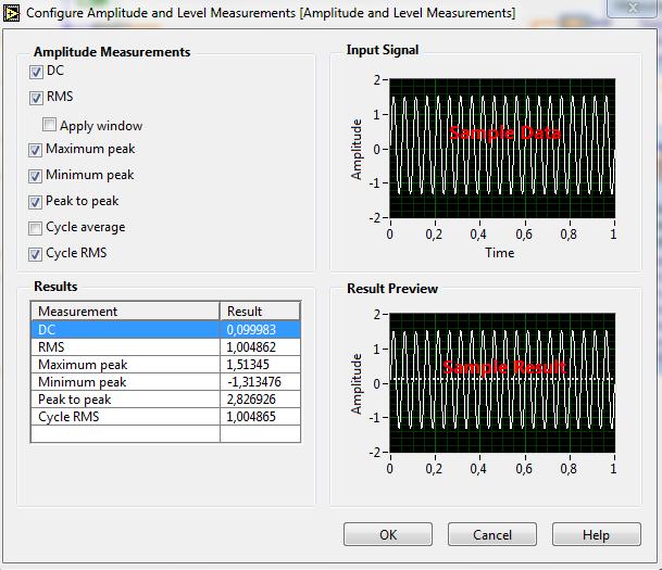 Rys. 6. Menu bloku Amplitude and Level Measurements. Blok Measurements i Amplitude błędnie skazuje częstotliwość sygnału.