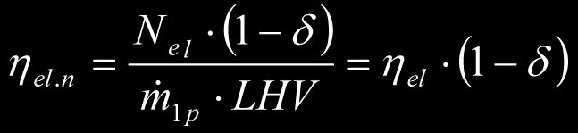 (5) (6) Opierając się na zależności (4) oraz wskaźniku potrzeb własnych bloku, który został założony na poziomie δ = 0,02, można zapisać równanie opisujące sprawność elektryczną netto elektrowni