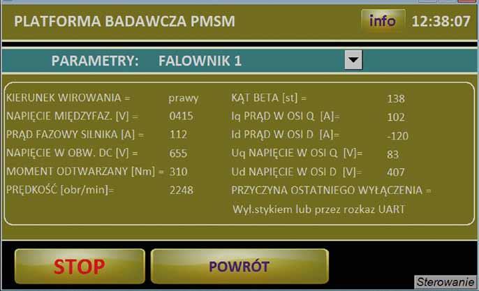 Oprócz wymienionych parametrów podstawowych, możliwy jest również podgląd bardziej szczegółowych parametrów pracy silników, informujących o wartościach napięć międzyfazowych i prądów fazowych maszyn,