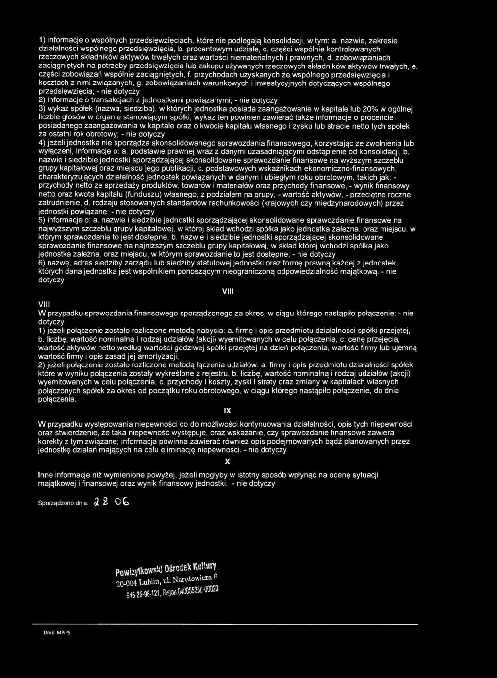 1) informacje o wspólnych przedsięwzięciach, które nie podlegają konsolidacji, w tym: a. nazwie, zakresie działalności wspólnego przedsięwzięcia, b. procentowym udziale, c.