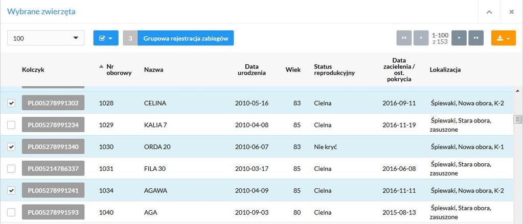 wskazujemy zwierzęta, dla których chcemy zarejestrować zabieg, zaznaczając check-boxy (puste kwadraciki) przy ich numerach.