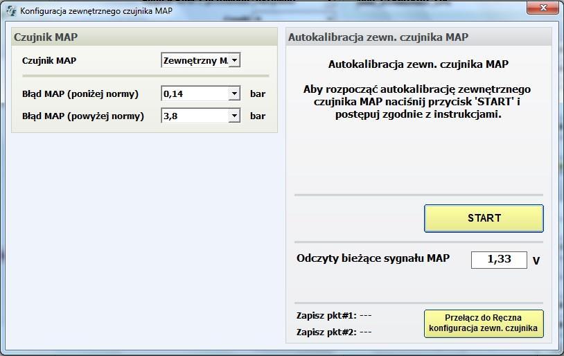 Naciśnięcie przycisku Zewnętrzny MAP uruchamia Konfigurację zewnętrznego czujnika MAP, która umożliwia: - wybranie predefiniowanego typu czujnika MAP z listy Czujnik MAP lub wyłączenie odczytów