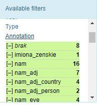 Przeglądanie anotacji Użytkownik może przeglądać anotacje w korpusie na kilka różnych sposobów, w zależności od tego, jakich informacji potrzebuje: 1.