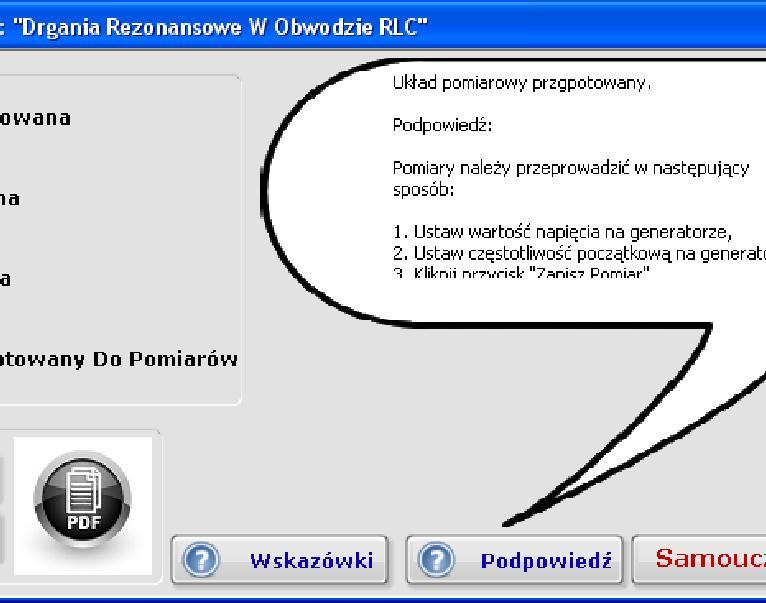 instrukcją do ćwiczenia, Przycisk Przeglądanie i usuwanie pomiarów otwiera dokument PDF z opisem metody przeglądania i usuwania danych pomiarowych, Przycisk