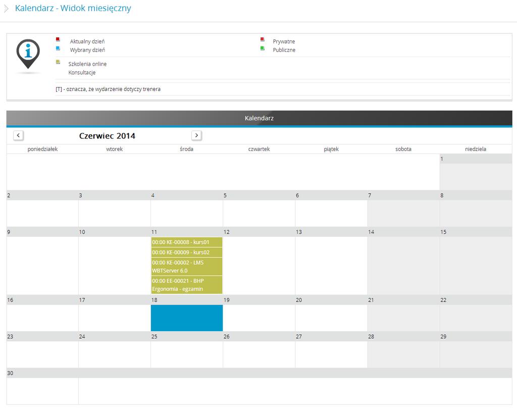 1.11.4 Zakładka Kalendarz portalu. Aby uruchomić kalendarz należy kliknąć na pole znajdujące się na górze ekranu głównego Rysunek 73 przejście do kalendarza kalendarz.