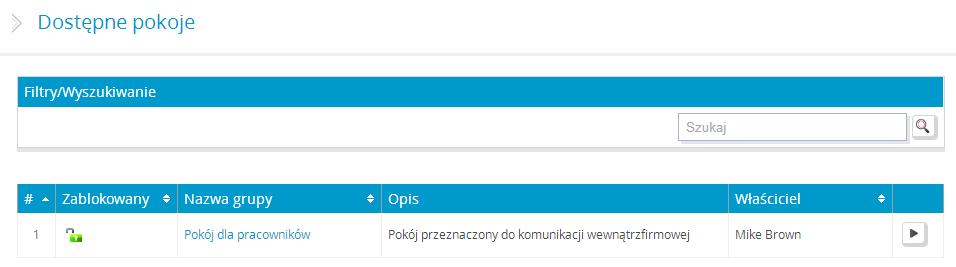 13 Menu Chat pokoi chat. Po wyborze pozycji Chat w obszarze Menu podręczne zostanie wyświetlona lista dostępnych Rysunek 81 Lista pokoi chat 1.13.1 Uczestnictwo w chat Po kliknięciu na nazwę wybranego pokoju na liście dostępnych pokoi, użytkownik zostanie automatycznie przeniesiony do pokoju chat.