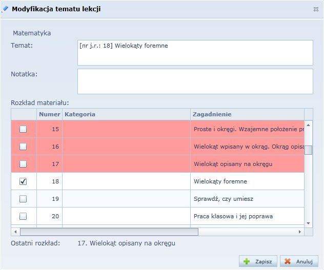 Praca z Modułem lekcyjnym Rysunek 9. Powiązanie tematu lekcji z zagadnieniem z rozkładu materiału nauczania.