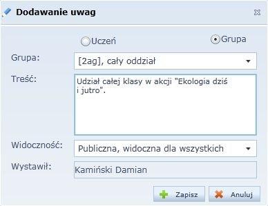 Praca z Modułem lekcyjnym Rysunek 19. Wprowadzanie uwagi o grupie uczniów. Aby zapisać uwagę, należy kliknąć przycisk.