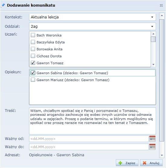 Praca z Modułem lekcyjnym Rysunek 22. Dodawanie indywidualnego komunikatu wysyłanego tylko do rodzica. Po wybraniu kontekstu i oddziału należy zdefiniować adresata lub też adresatów komunikatu.