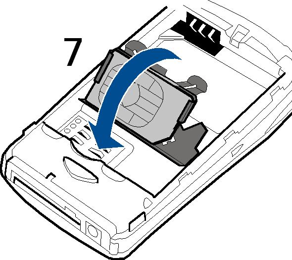 4. Zamknij uchwyt karty SIM (7)