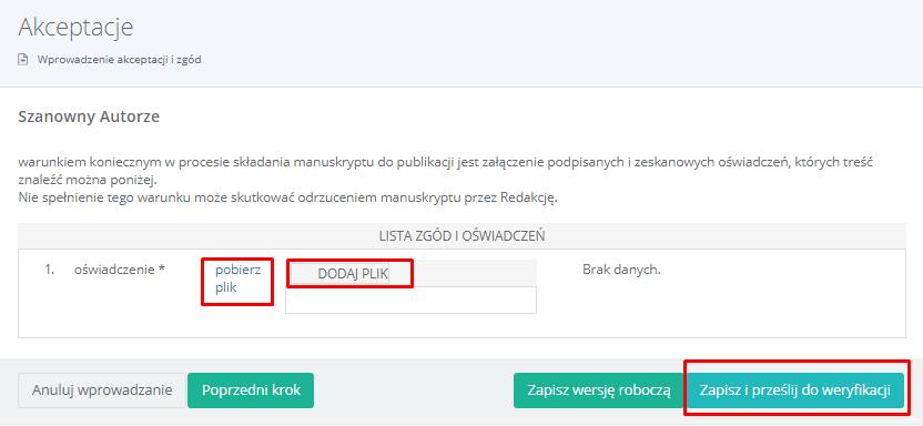 Krok VIII: Wprowadzenie akceptacji i zgód (etap obowiązkowy lub opcjonalny w zależności od zasad wybranej Redakcji).