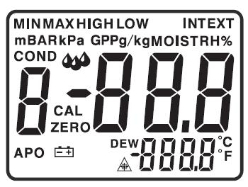 Wyświetlacz LCD 1. MIN MAX wartość minimalna i maksymalna 2. HIGH LOW wartość graniczne alarmu 3. INT EXT sonda wewnętrzna/zewnętrzna 4. mbar ciśnienie pary 5. kpa ciśnienie pary 6.