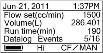 cc/min: aktualna prędkość przepływu BP: podciśnienie V (L): całkowita objętość pobranego powietrza RT (min.): aktualny czas pracy w min.