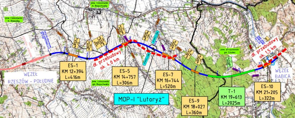 Droga ekspresowa S19 odc. węzeł Rzeszów Południe węzeł Babica (km 11+400 21+650) Długość całego odcinka drogi: ok. 10,3 km Prędkość projektowa w tunelu: 100 km/h Długość tunelu: ok.