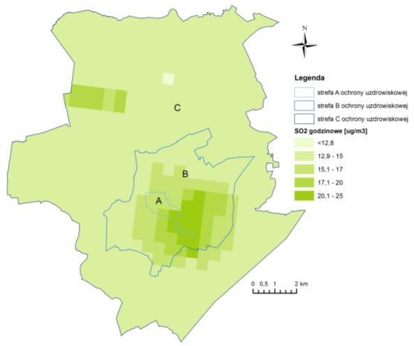 Jakość powietrza na obszarze podkarpackich uzdrowisk w 216 roku w zakresie SO 2, NO 2, PM1, PM2,5, b(a)p i ozonu Rys. 1.1.6. Rozkład stężeń 1-godzinnych (wartość 25 maksimum) dwutlenku siarki na obszarze uzdrowiska Iwonicz- Zdrój w 216 r.