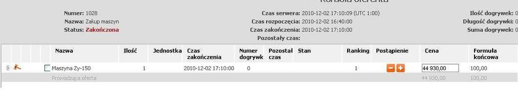 informuje o tym, jaką pozycję w rankingu zajmuje ostatnia oferta danego Oferenta. 4. Wiersz Prowadząca oferta wskazuje wartości oferty najkorzystniejszej (prowadzącej) w danej chwili.