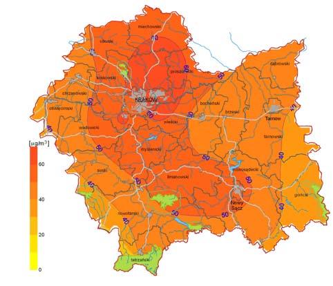 Mapa. Rozkład stężeń średniorocznych benzo(a)pirenu w pyle PM10 dla województwa małopolskiego w 2011 roku (źródło danych: WIOŚ Kraków 2 ) Mapa.