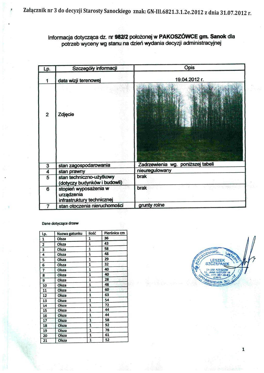 Załącznik nr 3 do decyzji Starosty Sanockiego znak: GN-III.6821.3.1.2e.2012 z dnia 31.07.2012 r. Informacja dotycząca dz. nr 98212 położonej w PAKOSZOWCe gm.