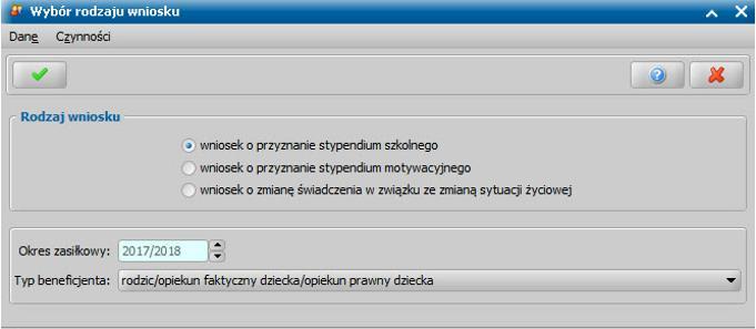 W celu dodania nowego wniosku wybieramy ikonę Dodaj. Otworzy się okno "Wybór rodzaju wniosku". Uwaga!