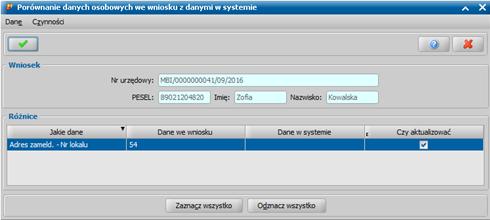 W oknie widoczna jest tabela pokazująca szczegółowe różnice między danymi podanymi we wniosku, a danymi wcześniej zarejestrowanymi w systemie.