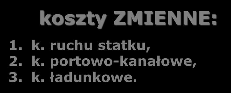 k. ogólnozakładowe obciążające statek w formie narzutu. koszty ZMIENNE: 1. k. ruchu statku, 2.