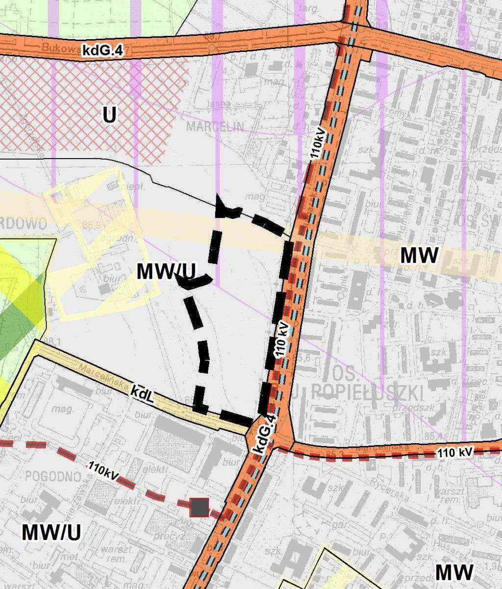 Studium uwarunkowań i kierunków zagospodarowania przestrzennego Miasta Poznania Tereny przeznaczone pod zabudowę MW/U teren zabudowy mieszkaniowej wielorodzinnej lub zabudowy usługowej. Dla ww.